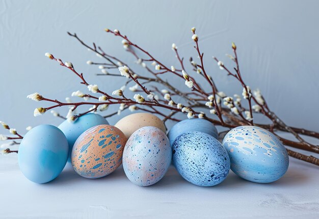 Elegant Easter eggs decorated with unique patterns set among delicate spring flowers