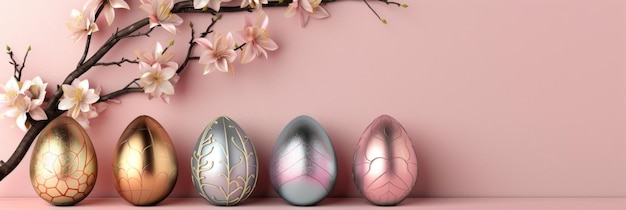 Elegant Easter eggs with modern and futuristic design and cherry blossom branch on pink backgro