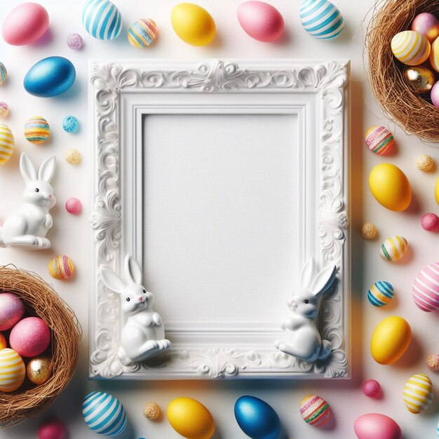 Elegant Easter Frame A Symphony of Pastel Eggs and Whimsical Bunnies