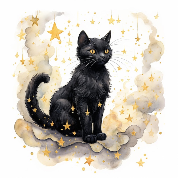 Elegant ebbenhout Een volledige lichaamsfoto van een zwarte kat in een werveling van goud