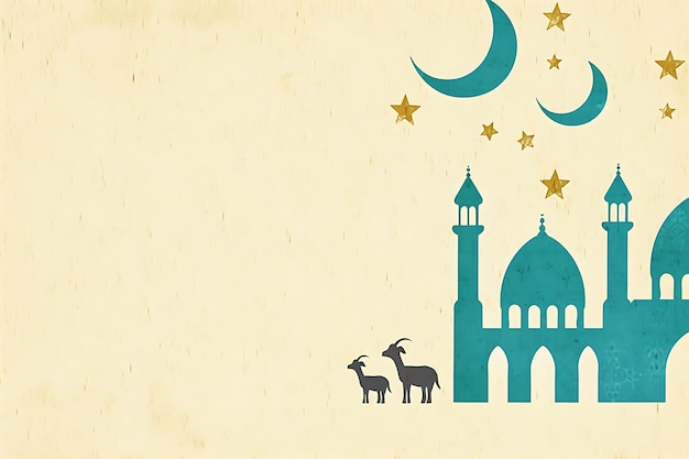 Foto elegante design della carta della festa dell'eid al-adha con lanterna lunare della capra della moschea