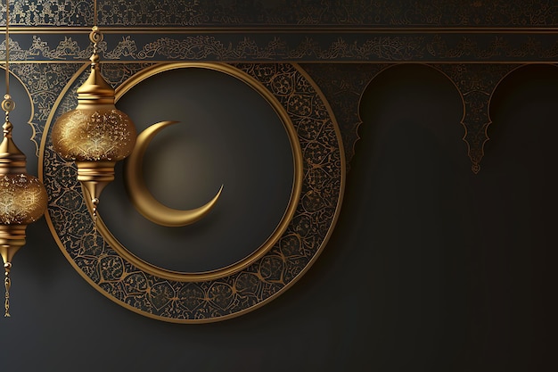 Elegant eid mubarak greeting card with golden moon and lantern