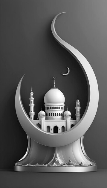 Elegant Eid Mubarak Metallic Lined Mosque on Gray backdrop