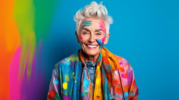 Elegant elderly female artist wearing a colorful shirt and holding a paintbrush