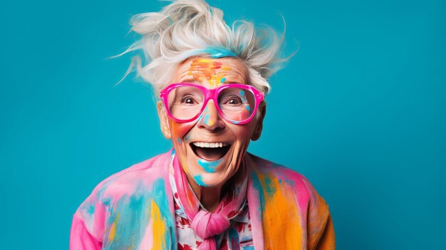 Elegant elderly female artist wearing a colorful shirt and holding a paintbrush