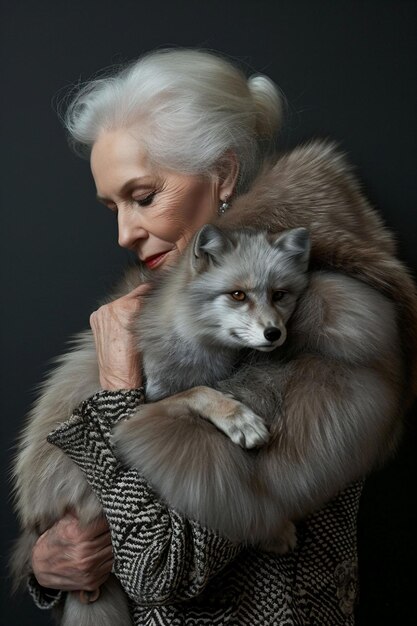 An elegant elderly woman in a houndstooth dress holds a grey fox both against a dark background timeless beauty wildlife care animal saving and bond with humans