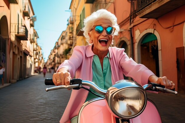 Foto donna anziana elegante che guida uno scooter per strada