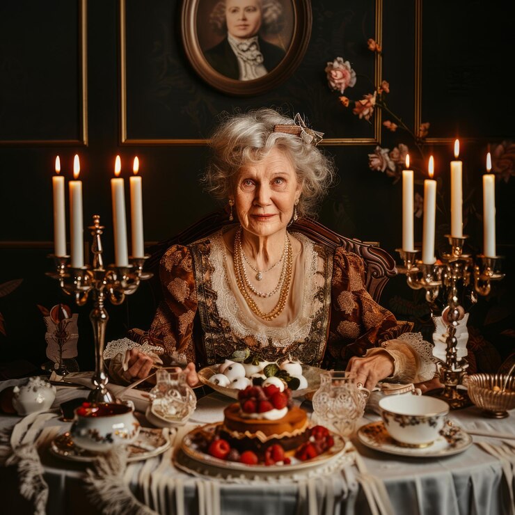 Photo elegant elderly woman in a vintage dress enjoys a fine meal with candles
