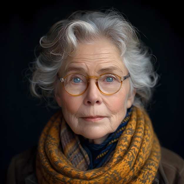 Elegant elderly woman with glasses posing portrait of wisdom and grace AI