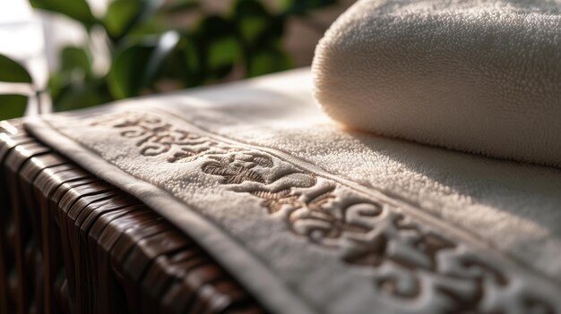 Elegant embroidered towels on a wicker shelf