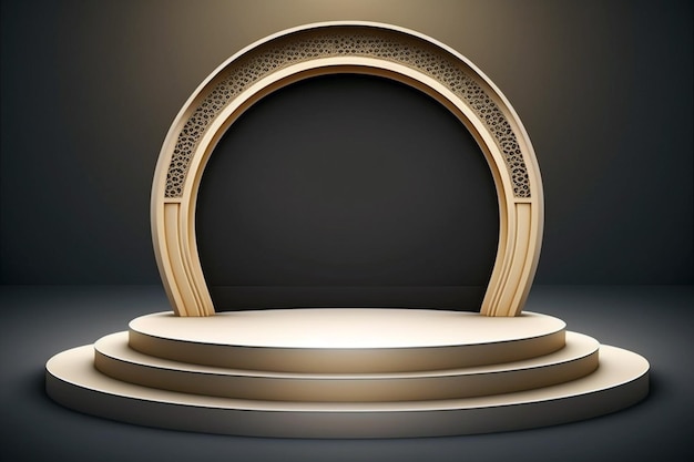 Elegant empty golden podium stage for product display with islamic architectural style