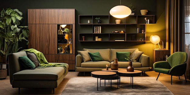 Elegant en gezellig woonkamerinterieur bruin en groen gekleurd meubilair en houten elementen