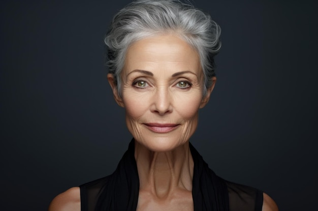 Elegant en stijlvol portret van een vrouw met een pensioengerechtigde leeftijd die ouder wordt, grijs gekleurd haar, glamour, ouderen, mode, zelfverzekerde persoonlijkheid, aantrekkelijke volwassenheid, oudere generatie