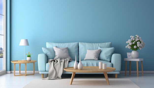 Elegant en verfijnd modern woonkamerinterieur met blauwe kleuren en artistieke muurdecoratie