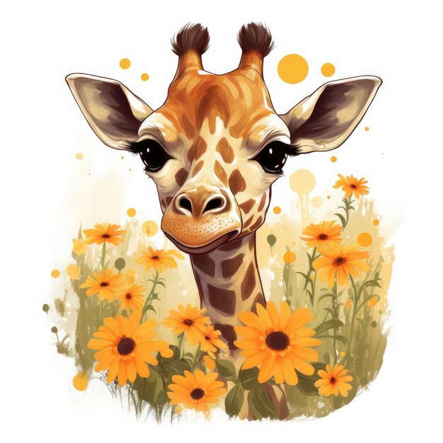 Elegant Encounter Curious Young Giraffe Delicately Nibbling on a Flower