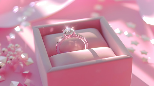 Elegant engagement ring in a pink box on a soft blush background romantic proposal concept with stylish simplicity ideal for valentines day and wedding content AI