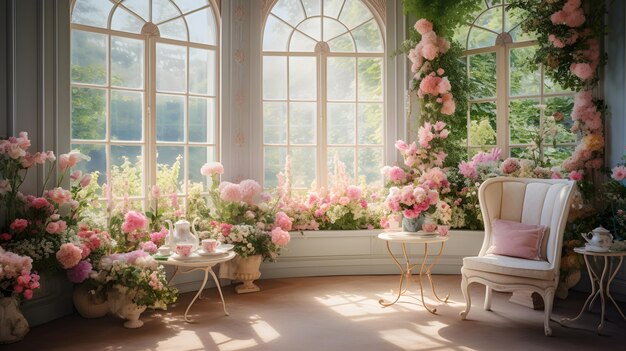 Elegant Engels glazen huis is volledig gevuld met pastelkleurige bloemen