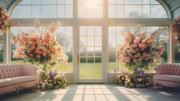 Elegant English glass house is fully filled with pastel flowers