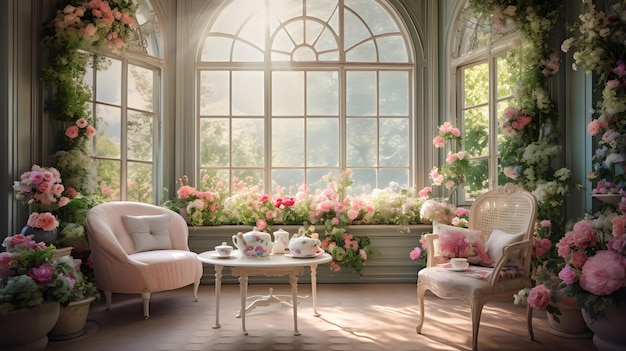 Elegant English glass house is fully filled with pastel flowers