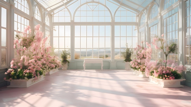 Elegant English glass house is fully filled with pastel flowers