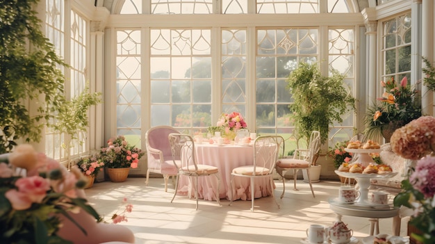 Elegant English tea break in the glass house is fully filled with pastel flowers