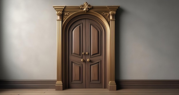 Элегантный вход с великолепной деревянной дверью и украшенной рамой