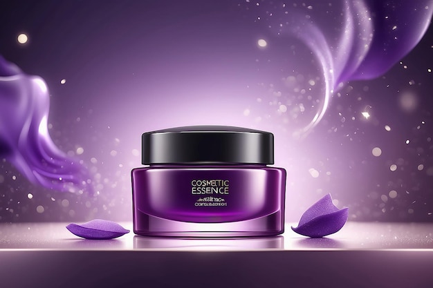 Elegant essence ads cosmetic container with silky purple chiffon isolated on glittering bokeh background in 3d illustration