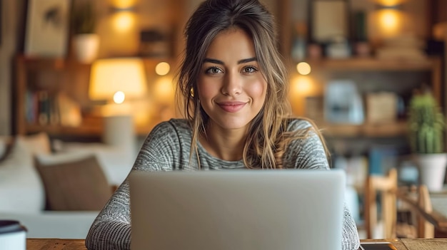 Photo elegant european girl with beautiful brown eyes touching chin with fingers and gently smilling closeup portrait of trendy young woman in glasses and knitted sweater posing in yellow room