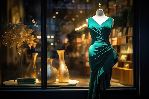 Elegant evening dress in a shop window in a shopping mall