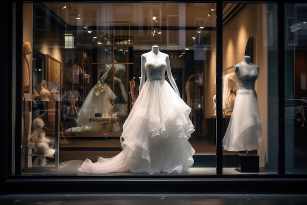 Elegant evening dress in a shop window in a shopping mall