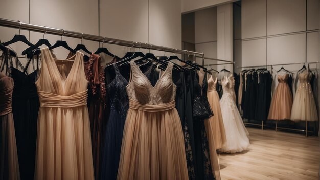 Elegant evening dresses on display