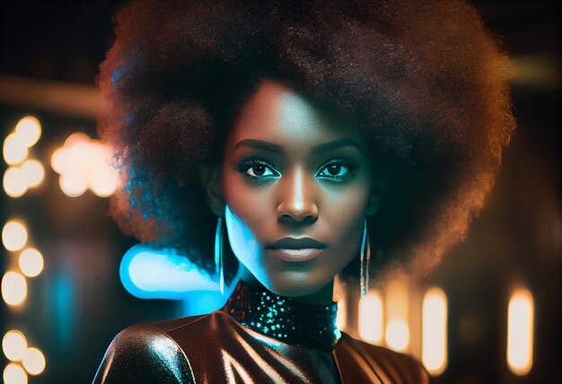 Elegant and fashionable black woman with afro hair in disco club Generate Ai