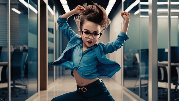 Photo elegant feisty girl dressed in blue shirt and stylish glasses dancing in the middle of the office