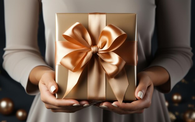 Photo elegant female hands holding a ribbontied gift box