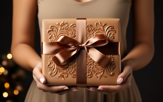 Photo elegant female hands holding a ribbontied gift box