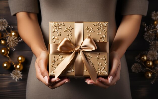 Elegant Female Hands Holding a RibbonTied Gift Box