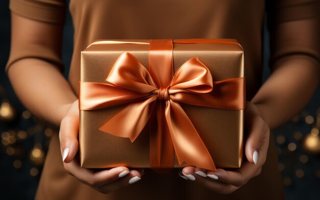 Elegant Female Hands Holding a RibbonTied Gift Box