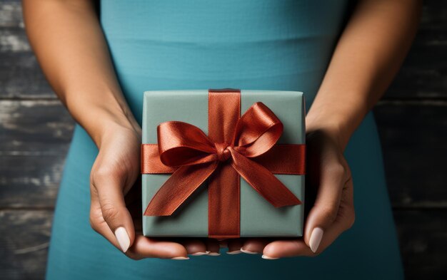 Photo elegant female hands holding a ribbontied gift box