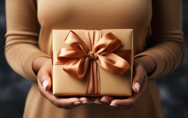 Elegant Female Hands Holding a RibbonTied Gift Box