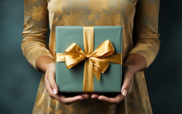 Elegant Female Hands Holding a RibbonTied Gift Box