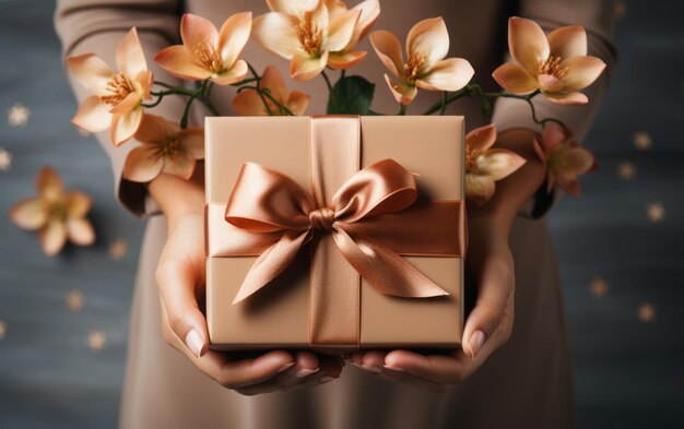 Elegant Female Hands Holding a RibbonTied Gift Box