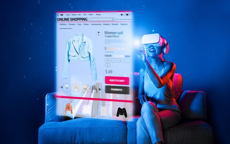 Photo elegant female in metaverse enjoy shop product from online store hallucination