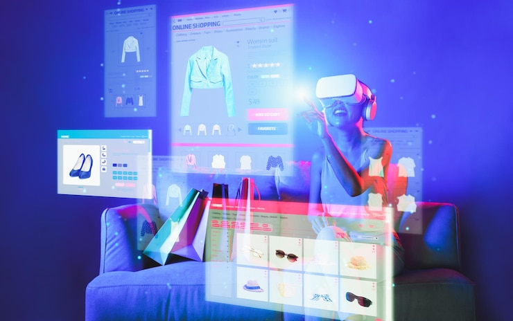 Photo elegant female in metaverse enjoy shop product from online store hallucination