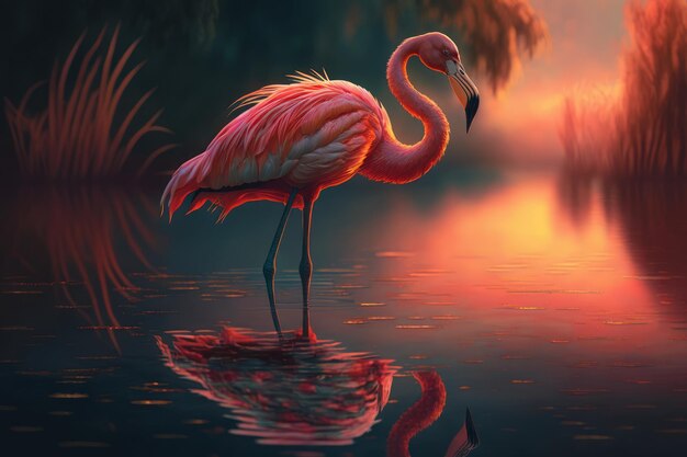 Elegant flamingo standing on one leg on a quiet lake with a beautiful sunset in the background