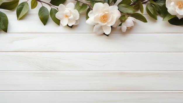 Elegant Flat Lay Composition With Magnolia Flowers On White Wood Panel