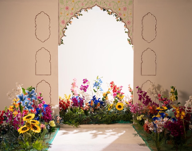 elegant floral archway with colorful flowers