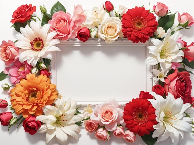 Elegant Floral Arrangement Frame of Rose Lily and Gerbera Flowers over White Background