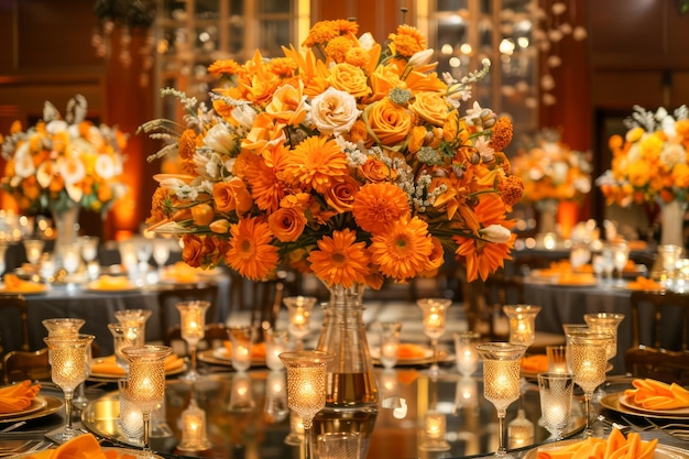 Photo elegant floral arrangement for wedding or gala event with orange blossoms and ambient candlelight