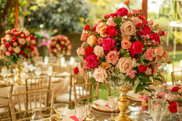 Elegant Floral Arrangements at a Sophisticated Outdoor Wedding Reception Venue with Gold Chairs