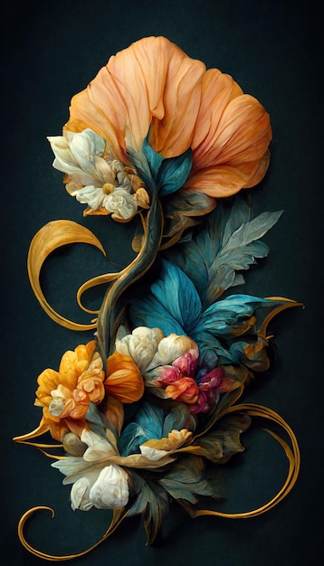 사진 바로크 스타일의 우아한 꽃 배경 복고풍 장식 꽃 예술 디자인 디지털 그림